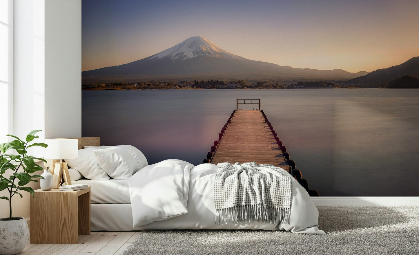 Wooden pier Mount Fuji Serenity print, calm serene waters.