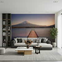 Mount Fuji Serenity wallpaper for walls, tranquil lake dock view.