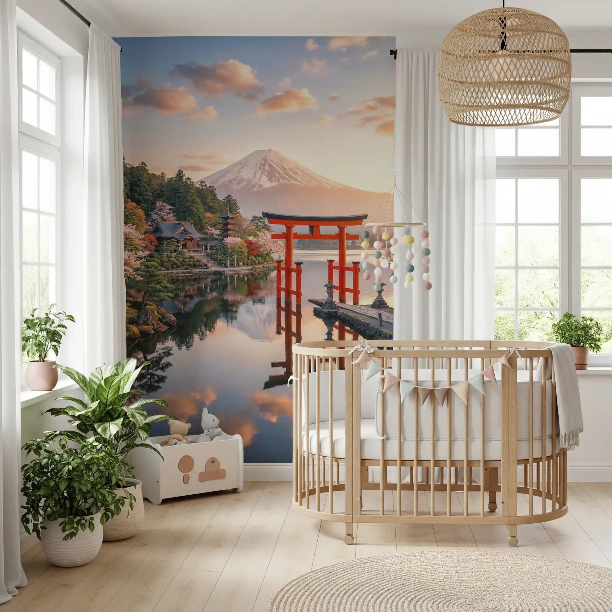 Mount Fuji Dream wall mural fits an KIds room with pagoda view and soft sky tones