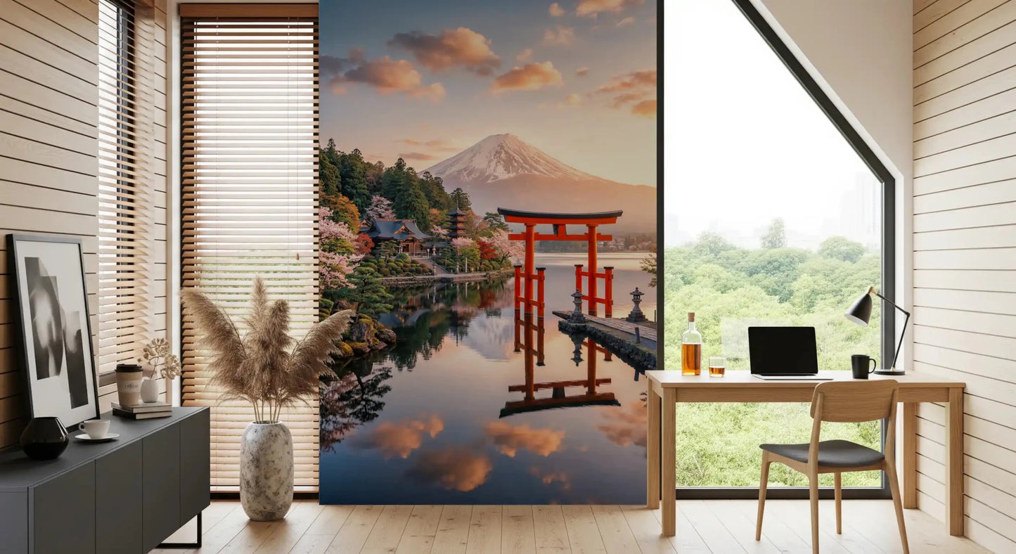 Serene wall mural adds depth to a study room with Mount Fuji and shrine gate