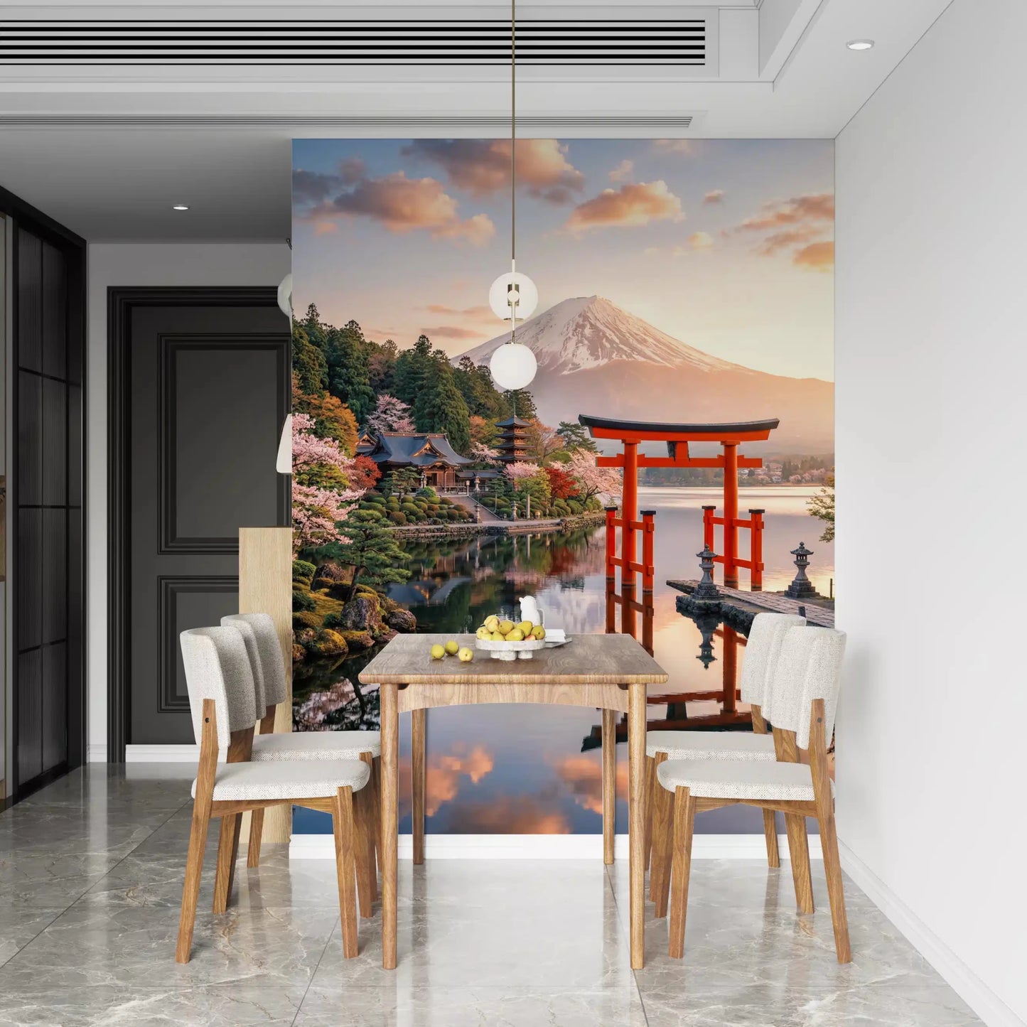 Mount Fuji Dream wall mural suits an Dining area with torii gate and pastel sky