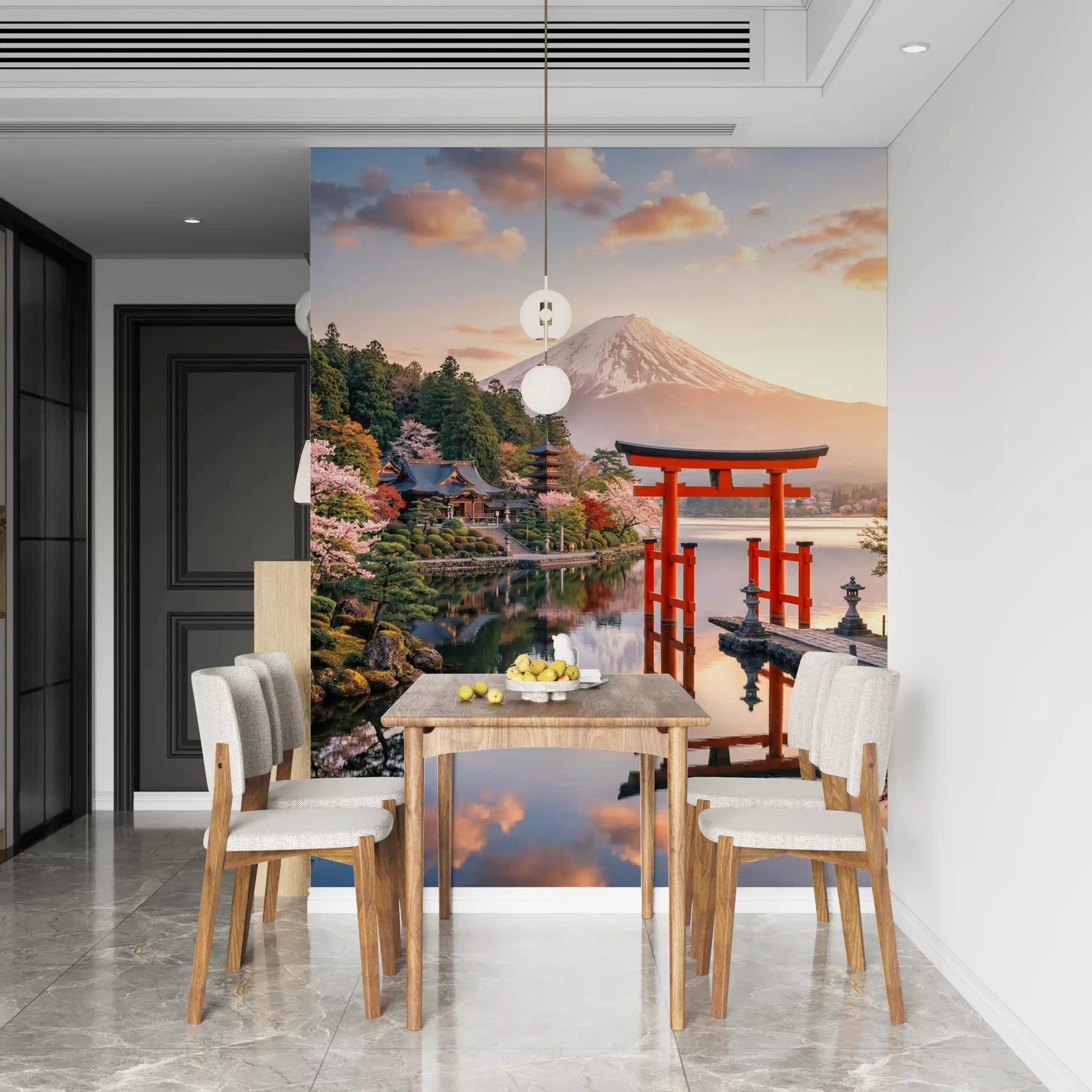 Mount Fuji Dream wall mural suits an Dining area with torii gate and pastel sky