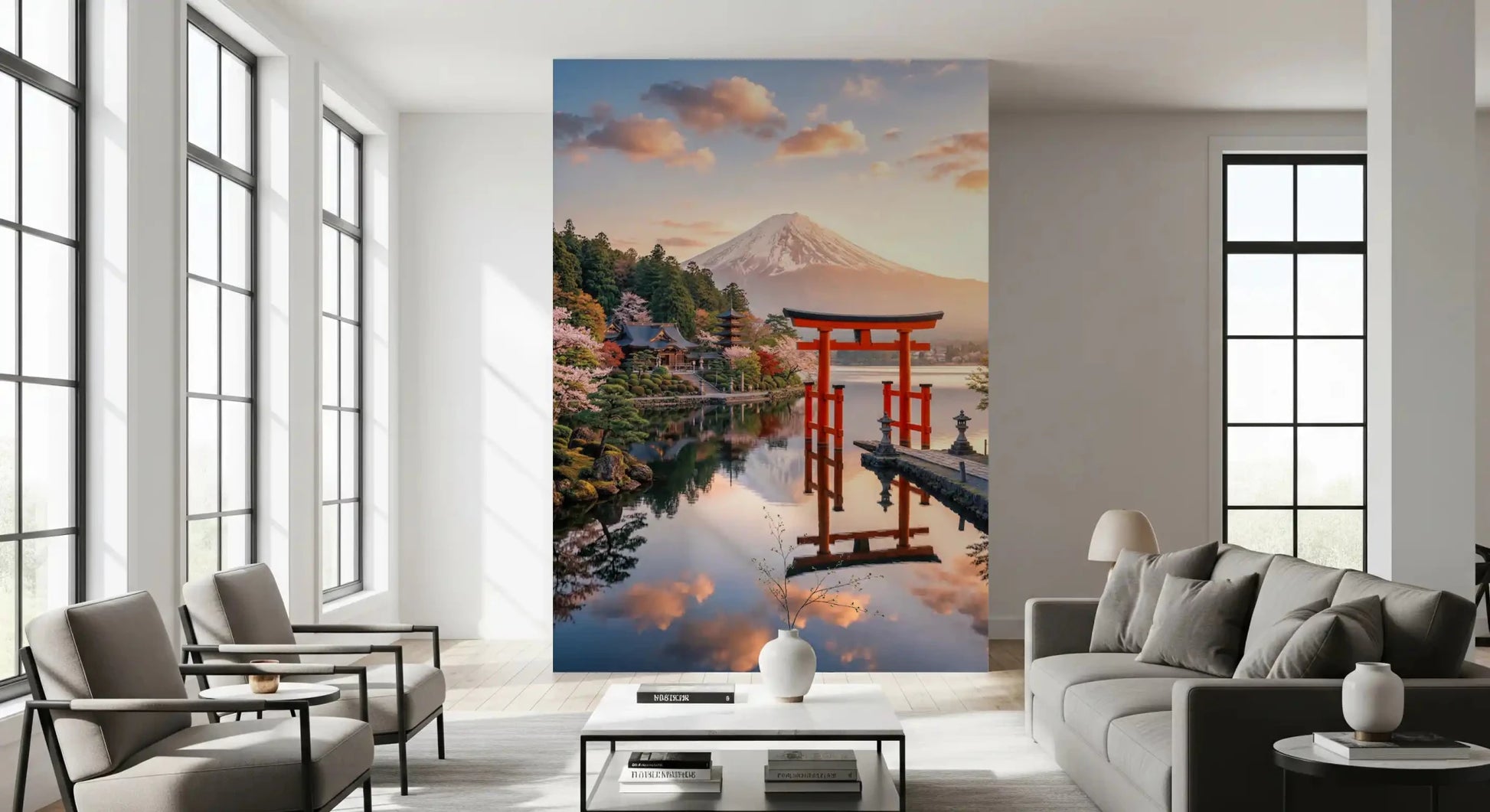 Japanese scenic wall mural works in a living room with calm water and temple