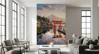 Japanese scenic wall mural works in a living room with calm water and temple