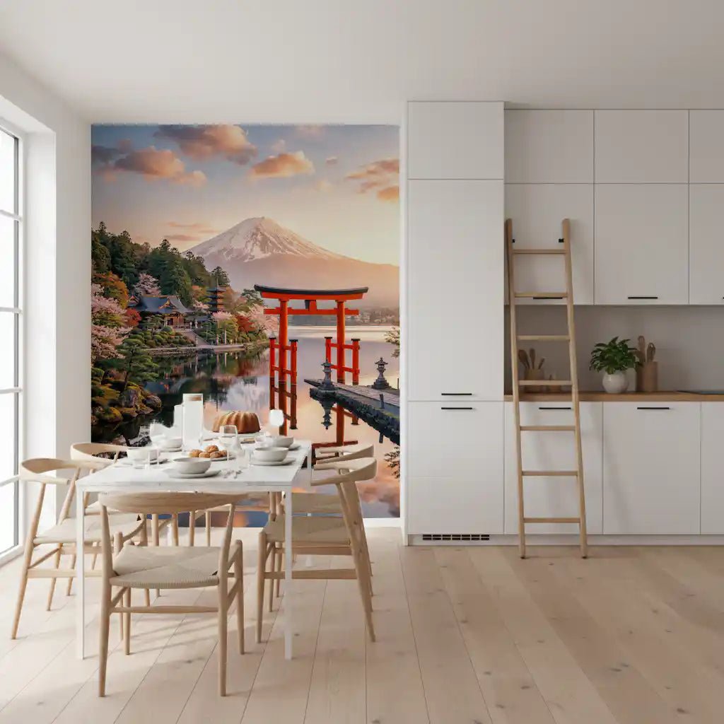 Mount Fuji wall mural frames a Dining room with sunrise clouds and sakura trees