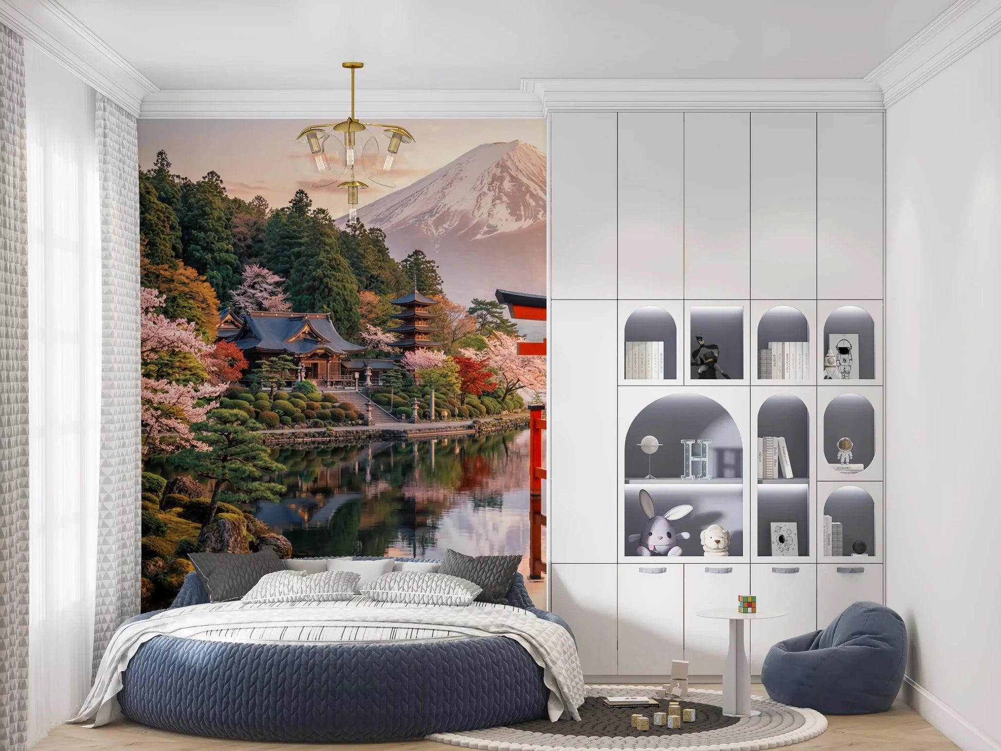 Nature wall mural complements a Bedroom with Fuji view and mirrored lake
