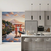 Japanese wall mural adds calm detail to a Dining room with Mount Fuji and sakura