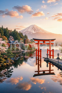 Japanese landscape wall mural featuring Mount Fuji, pagoda, and water reflection