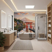 Scenic wall mural suits a bathroom with Fuji peak, red gate, and still water