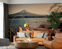 Misty Fuji lakeside wallpaper mural in apartment dining area, cool color palette