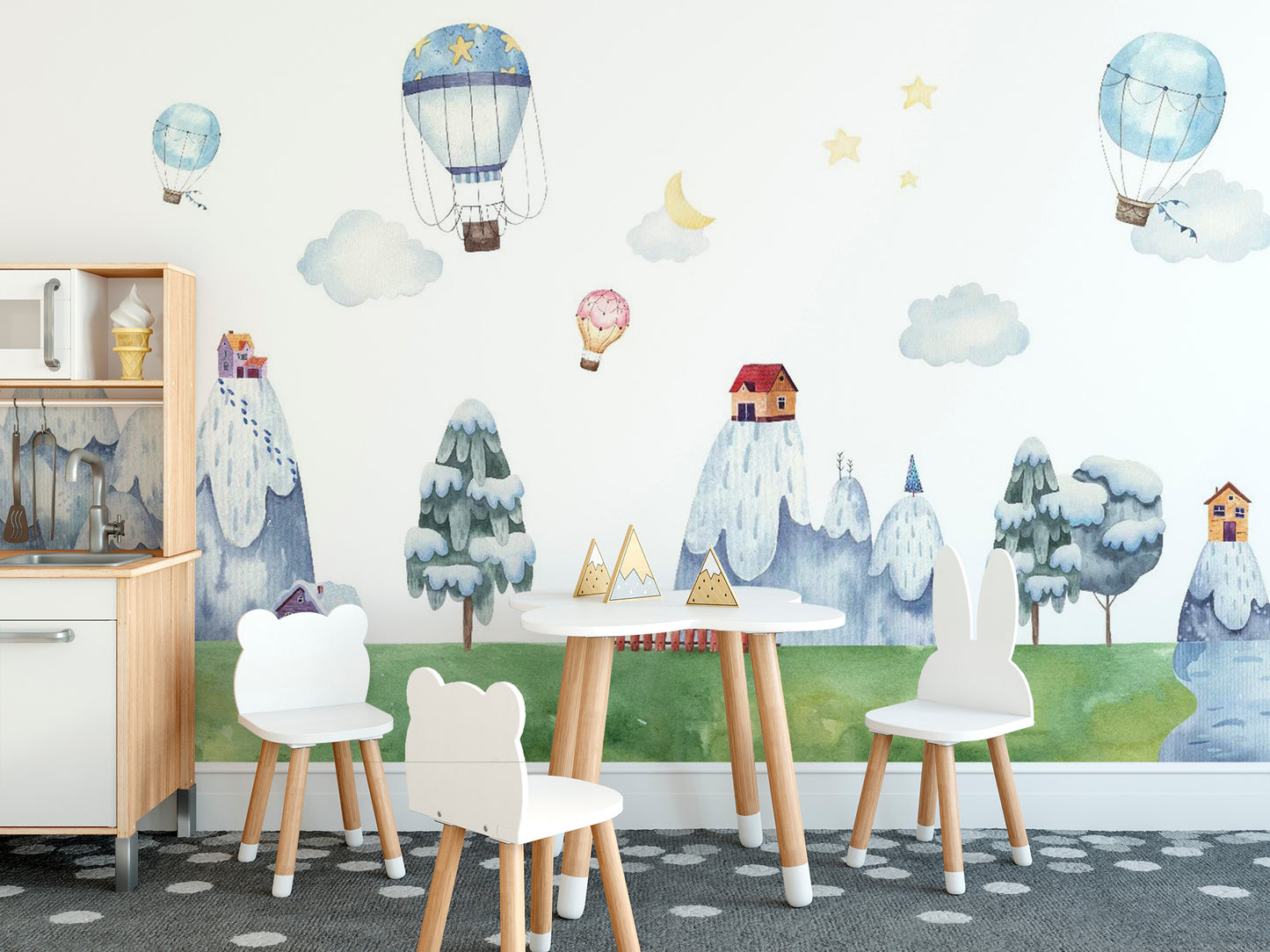Watercolor City with Mountain & Hot Air Balloons Wallpaper - Giffywalls