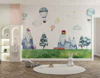 Watercolor City with Mountain & Hot Air Balloons Wallpaper - Giffywalls