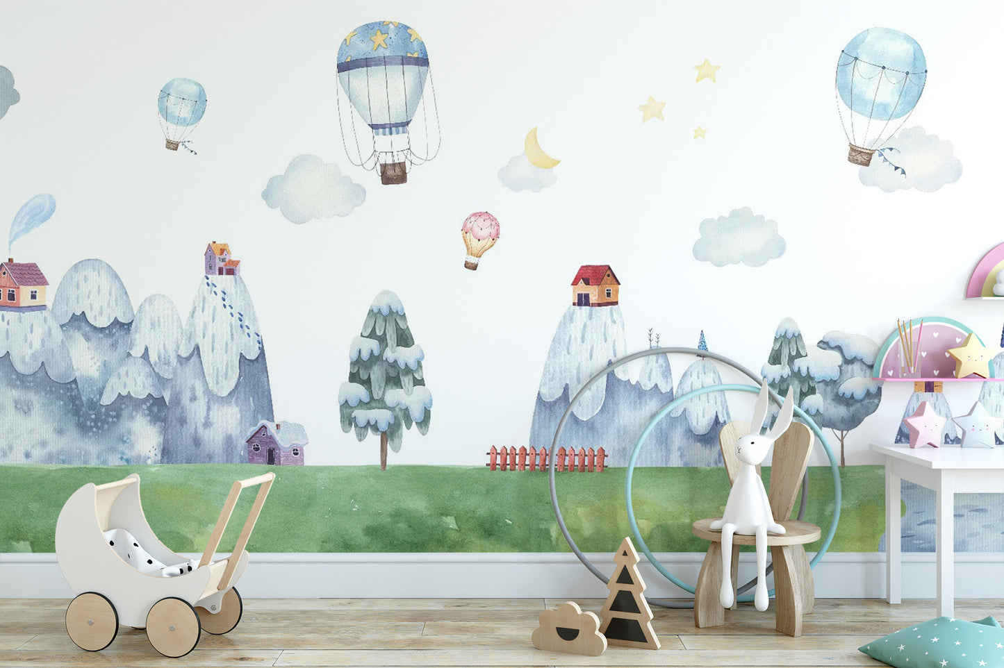 Watercolor City with Mountain & Hot Air Balloons Wallpaper - Giffywalls