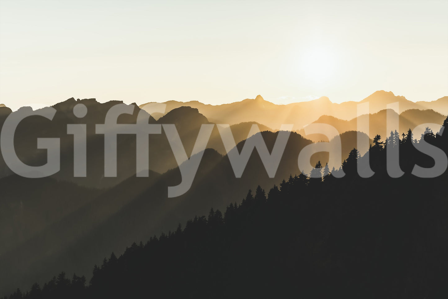 Mountain Dawn Woodland wallpaper with sunrays piercing layered hills backdrop.