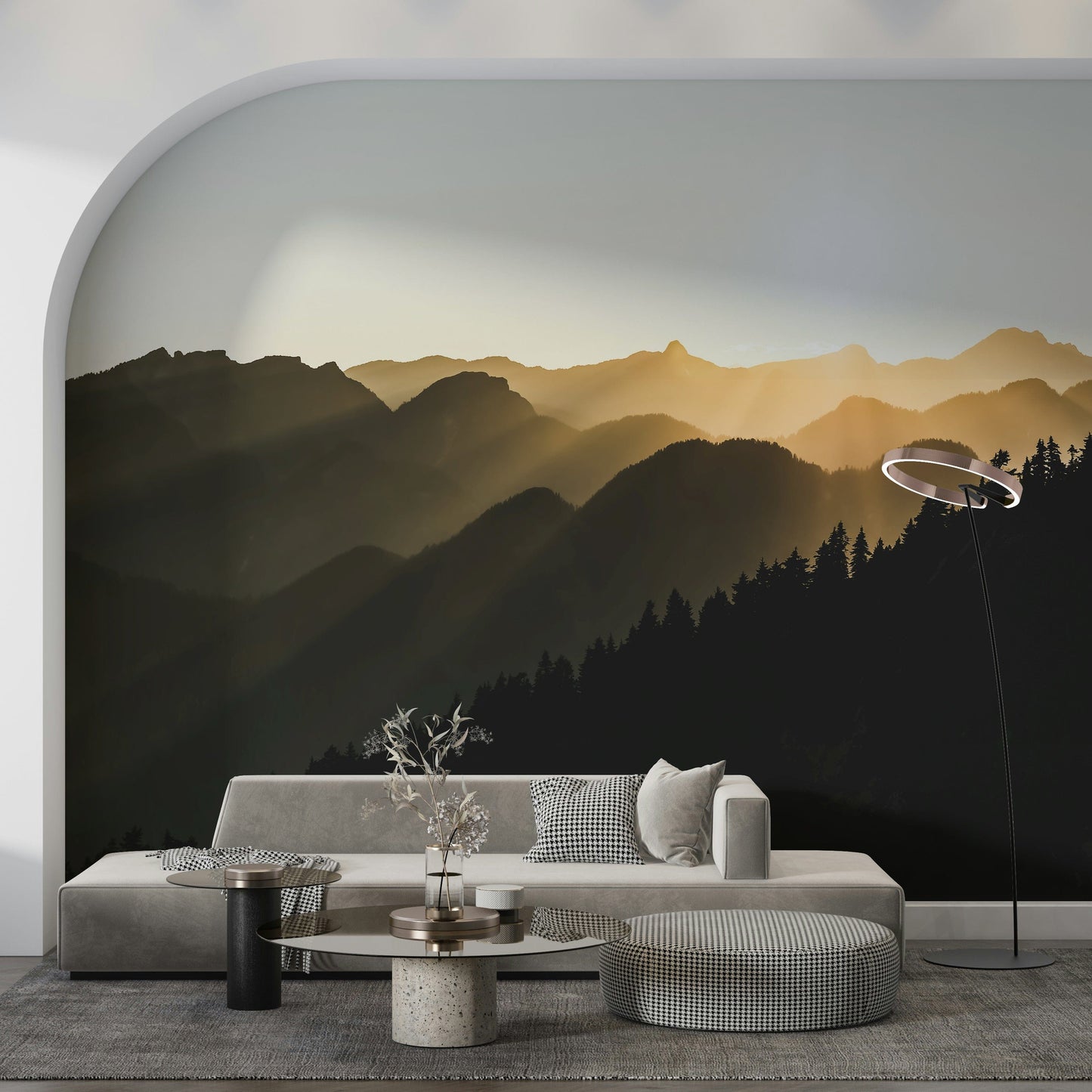 Stunning forest wall mural depicting tranquil mountainous slopes imagery.