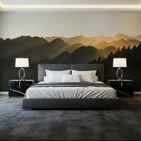 Sunrise wall mural creating a calming ambiance with rugged mountain contours.