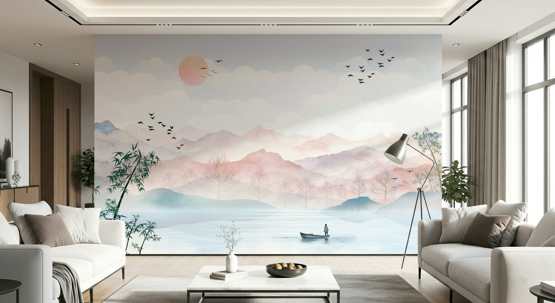 Blue watercolor mountain haze wall mural in a bedroom.