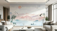 Blue watercolor mountain haze wall mural in a bedroom.