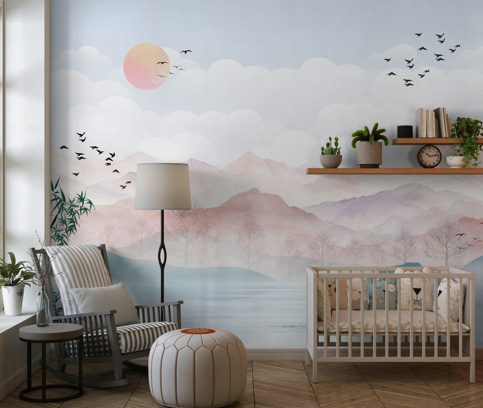 Soft watercolor hills mural for an apartment hallway.