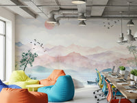 Modern apartment wall decor with misty mountain art.