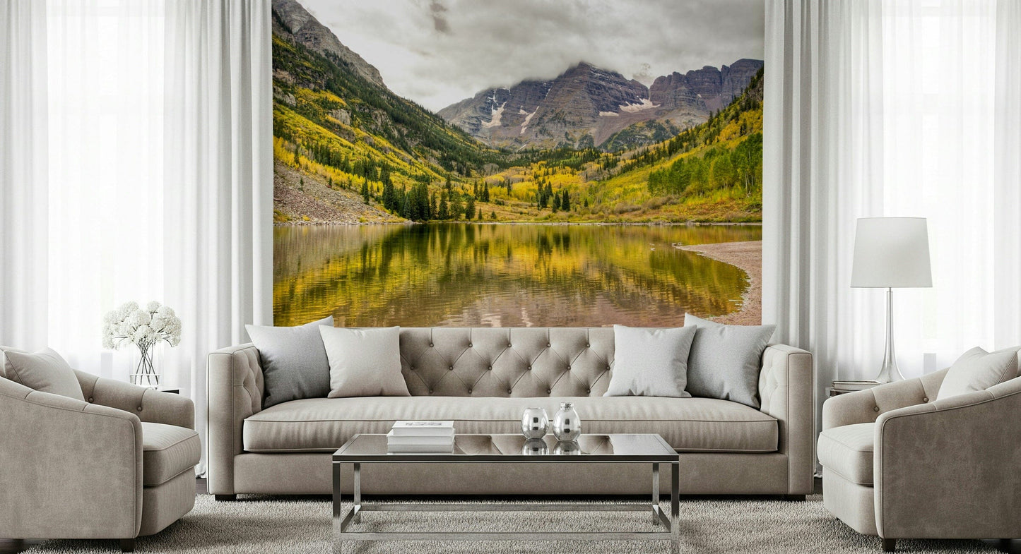 Nursery corner with scenic lake mural, gentle autumn colors, simple modern decor