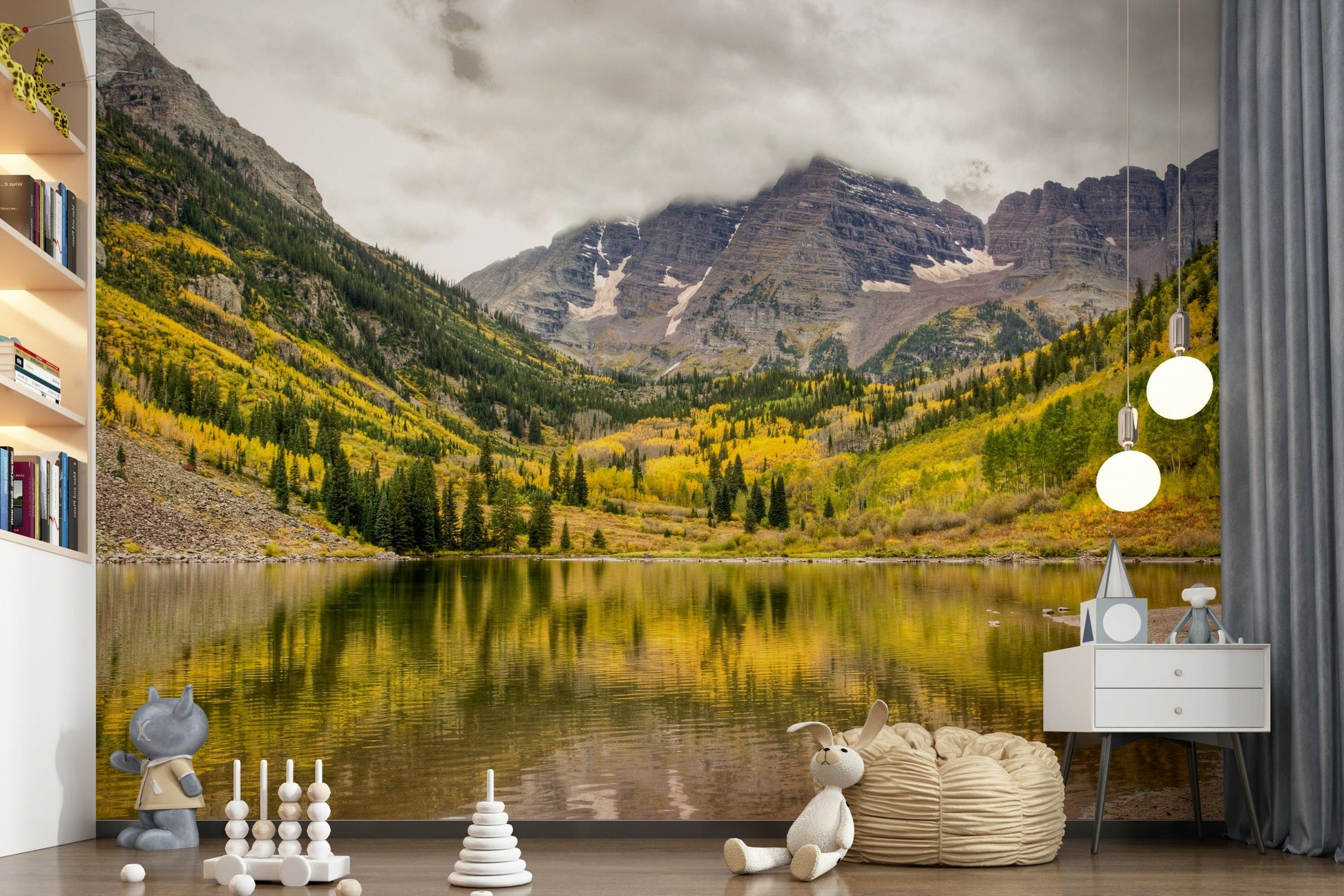 Entryway wall decor showing fall mountain lake mural, modern console and mirror