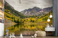 Entryway wall decor showing fall mountain lake mural, modern console and mirror