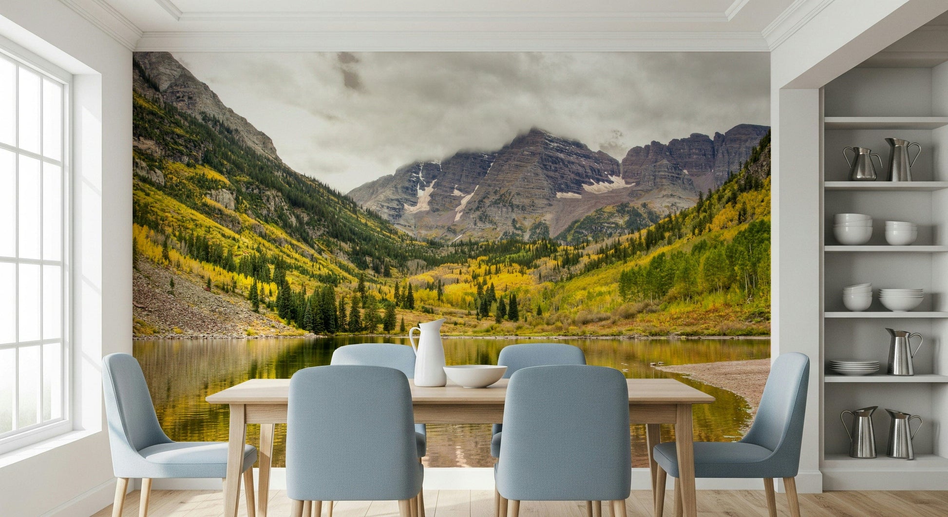 Home office backdrop with mountain lake mural, fall color palette, clean modern style