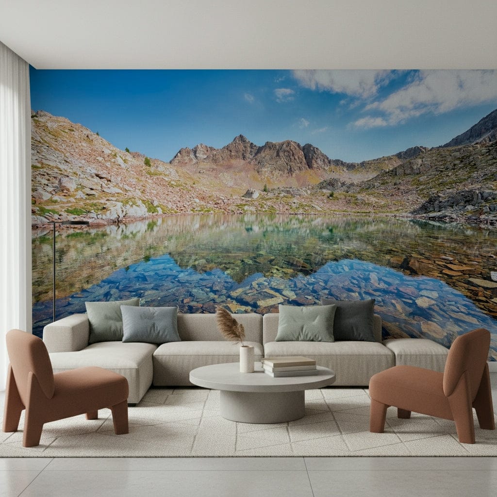 Reflective glacial pond art Mountain Lake Serenity wall mural.
