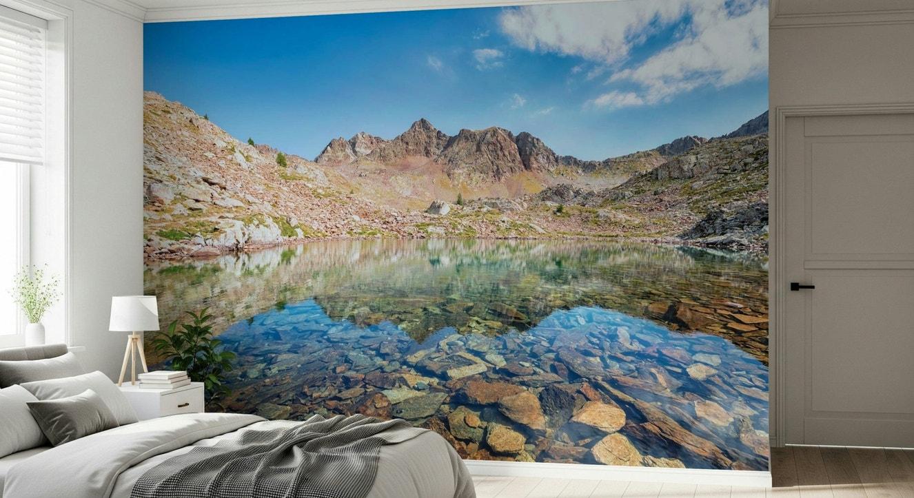 Mountain Lake Serenity wallpaper for walls features alpine peaks.