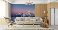 Soft mountain scenery for coastal home styling in a bright bedroom.