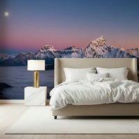 Stylised peak and mist wallpaper for a feature wall in a lounge.