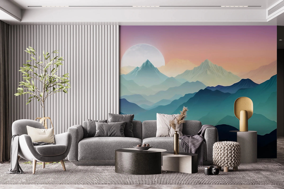Mountain Serenity wallpaper mural of teal peaks and a rising moon behind a grey sectional and fluted wall in a living room