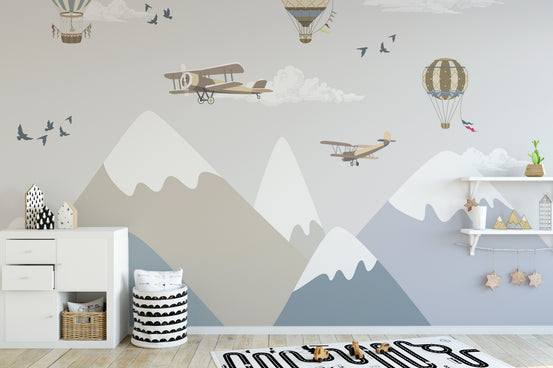 Mountains & sky Kids wallpaper mural shown as a full feature wall that highlights the design