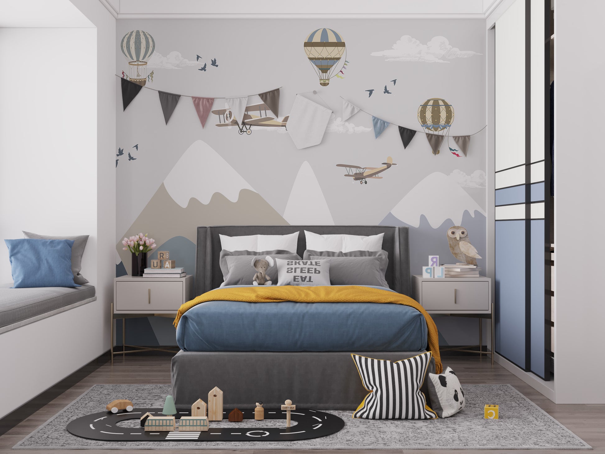 Vintage airplanes mural wallpaper for nursery decor
