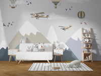 Airplane and hot air balloon kids room wallpaper mural
