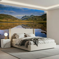 Picturesque Mountains reflections wall decoration, rocky peaks and valley.