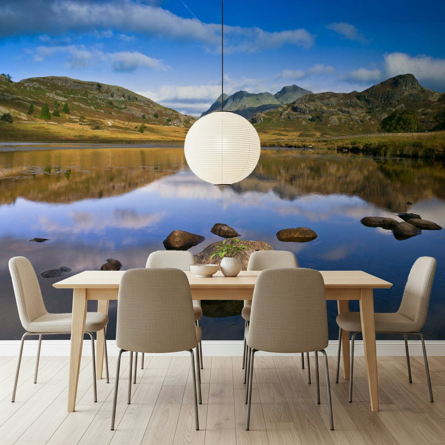 Serene lake view wall mural with peaks