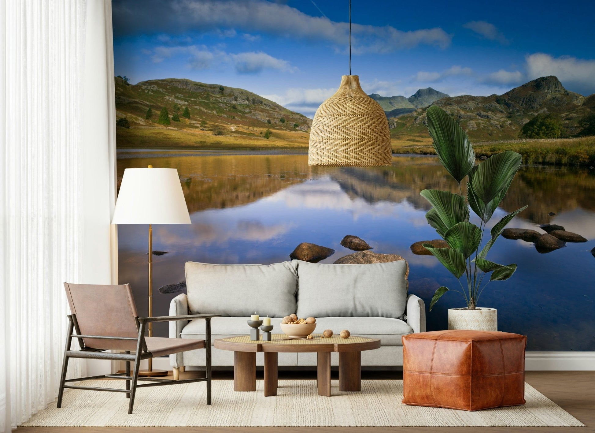 Tranquil mountain wall mural with still lake