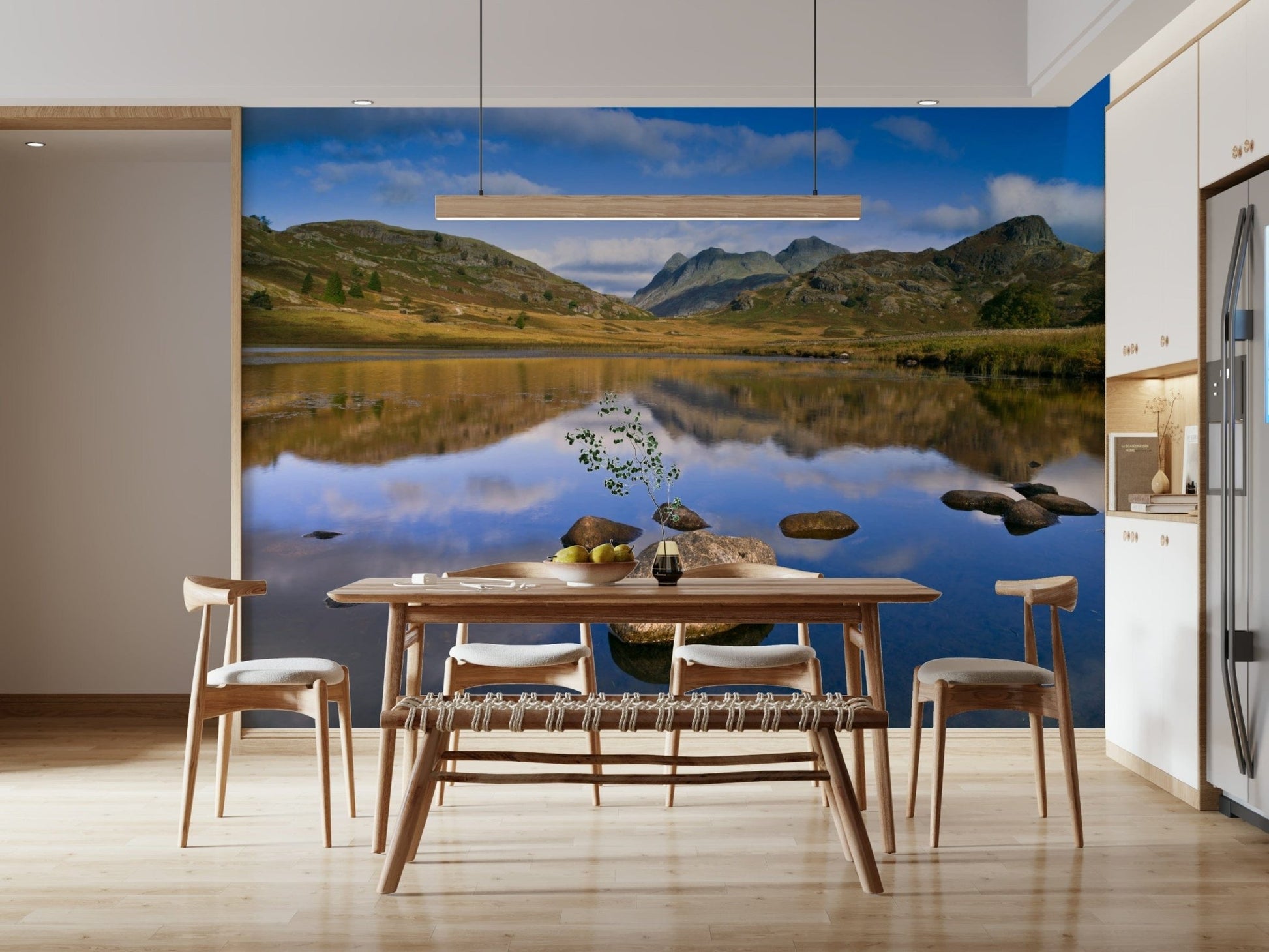 Mountain lake reflection wall mural in daylight