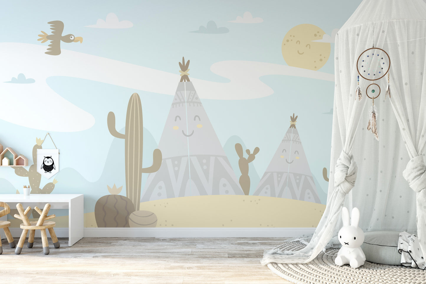 Cute eagle and tipi wallpaper for kids room decor
