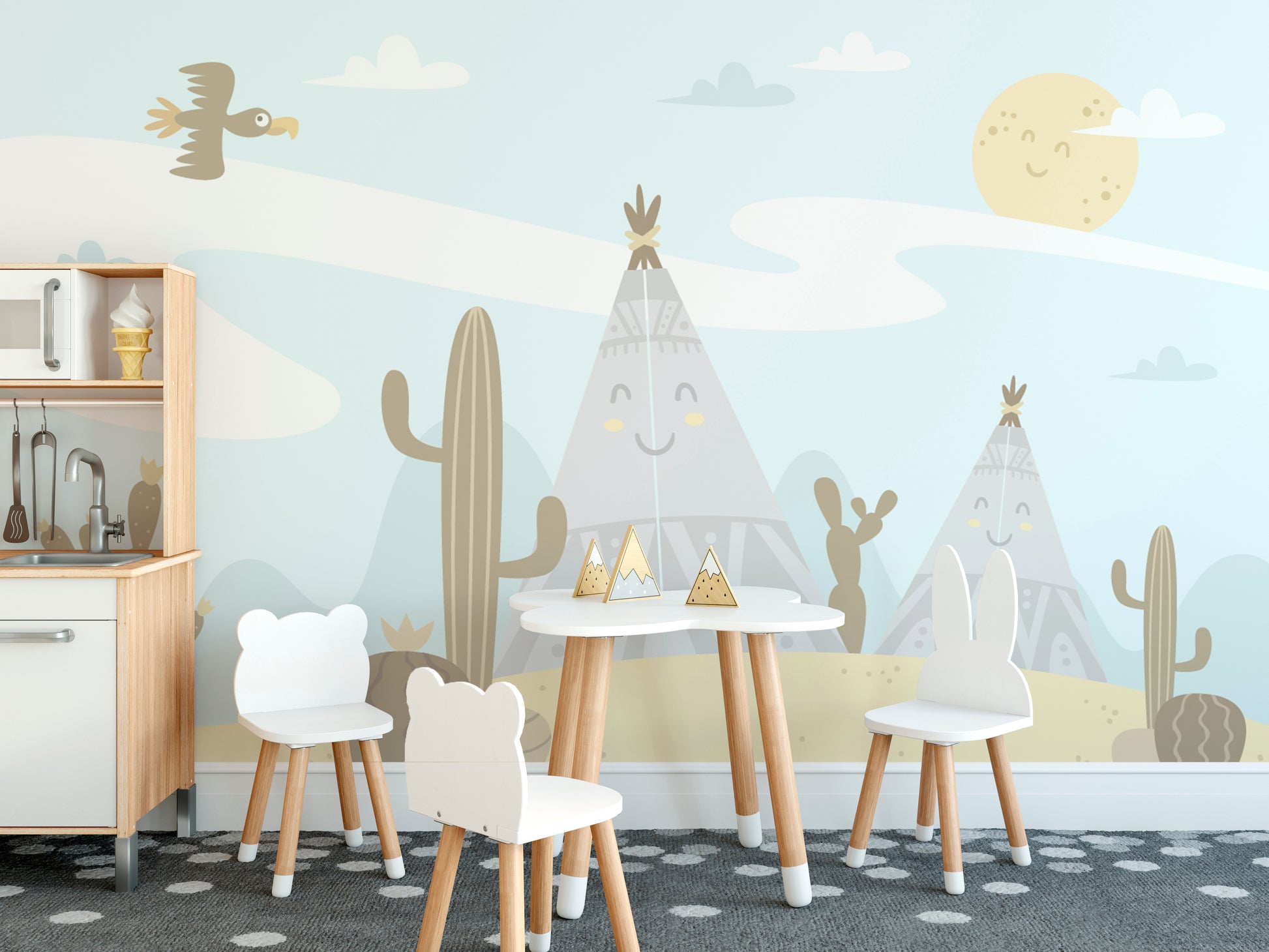 Cartoon-style mountain and sky nursery wallpaper mural
