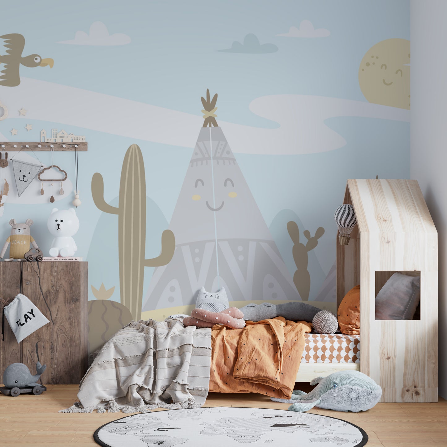 Playful mountains and sky wallpaper mural for kids room

