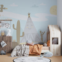 Playful mountains and sky wallpaper mural for kids room
