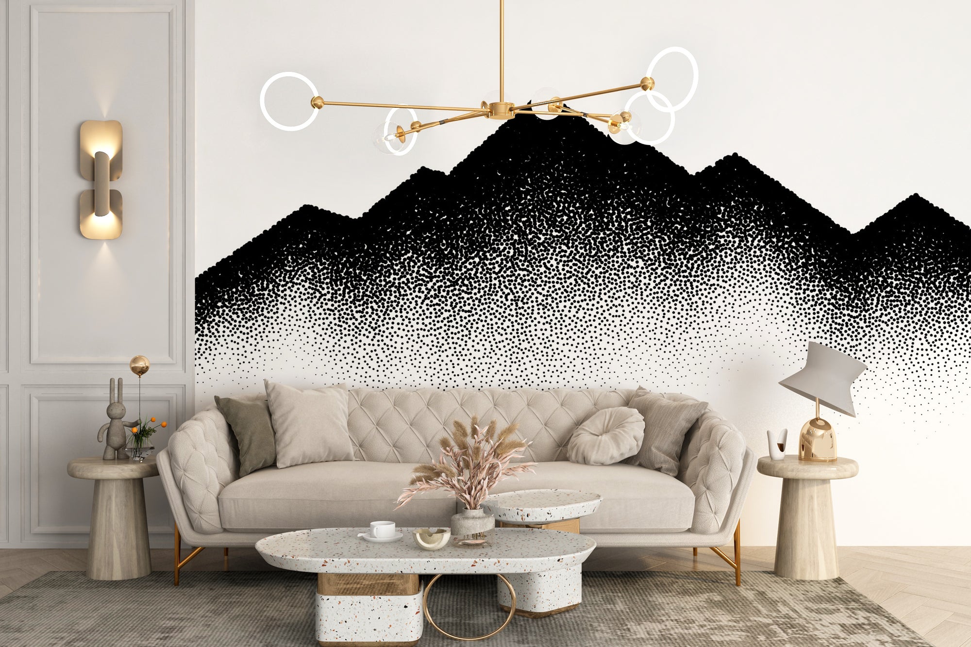 Mountains Wave Scattered Dots wallpaper mural with black stippled peaks behind a cream tufted sofa and terrazzo coffee table