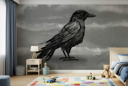 Mr Crow wall mural of a sketched raven on grey behind a wood bed and desk in a kids bedroom