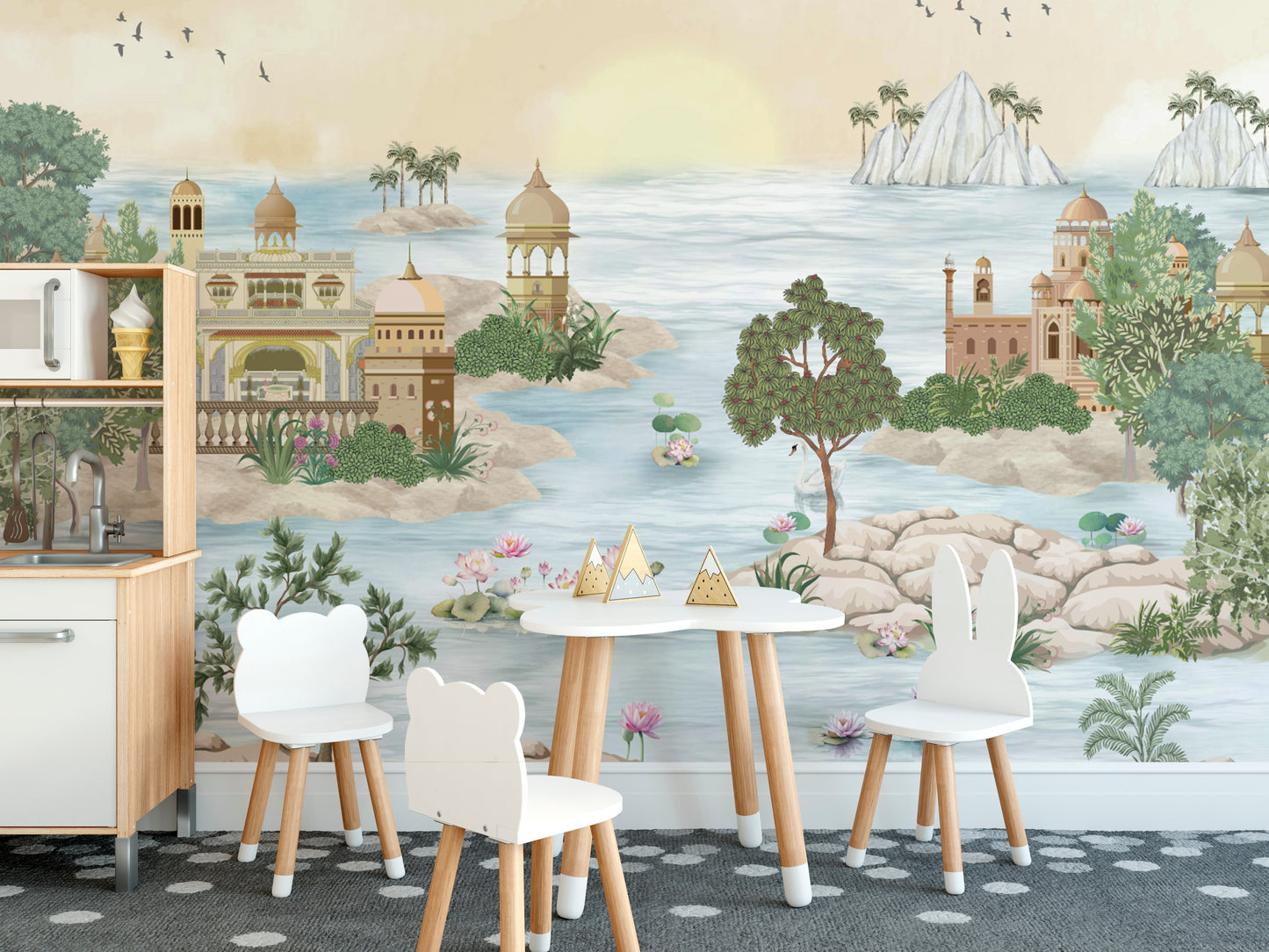 Water garden wallpaper with blooming lotus flowers
