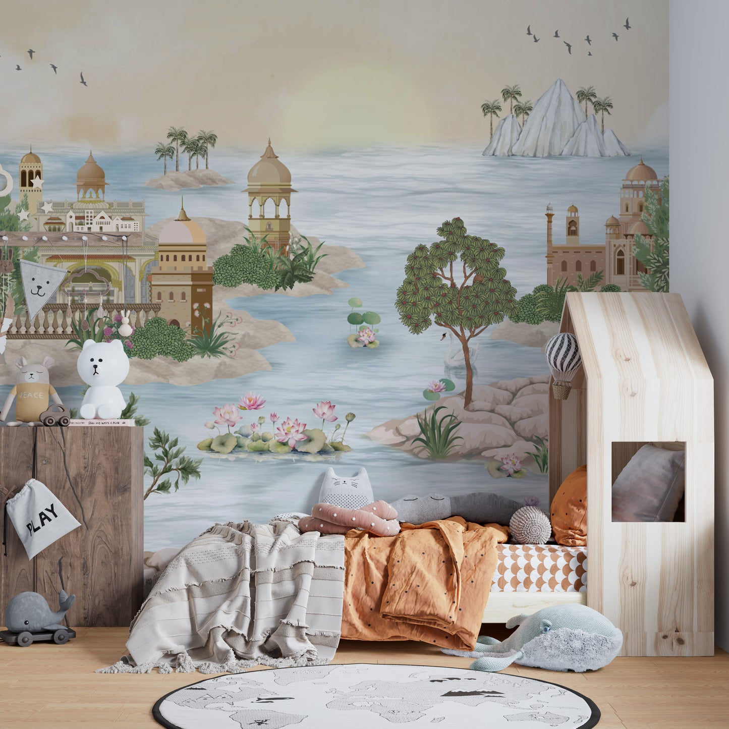 Scenic landscape wall mural with historic palaces
