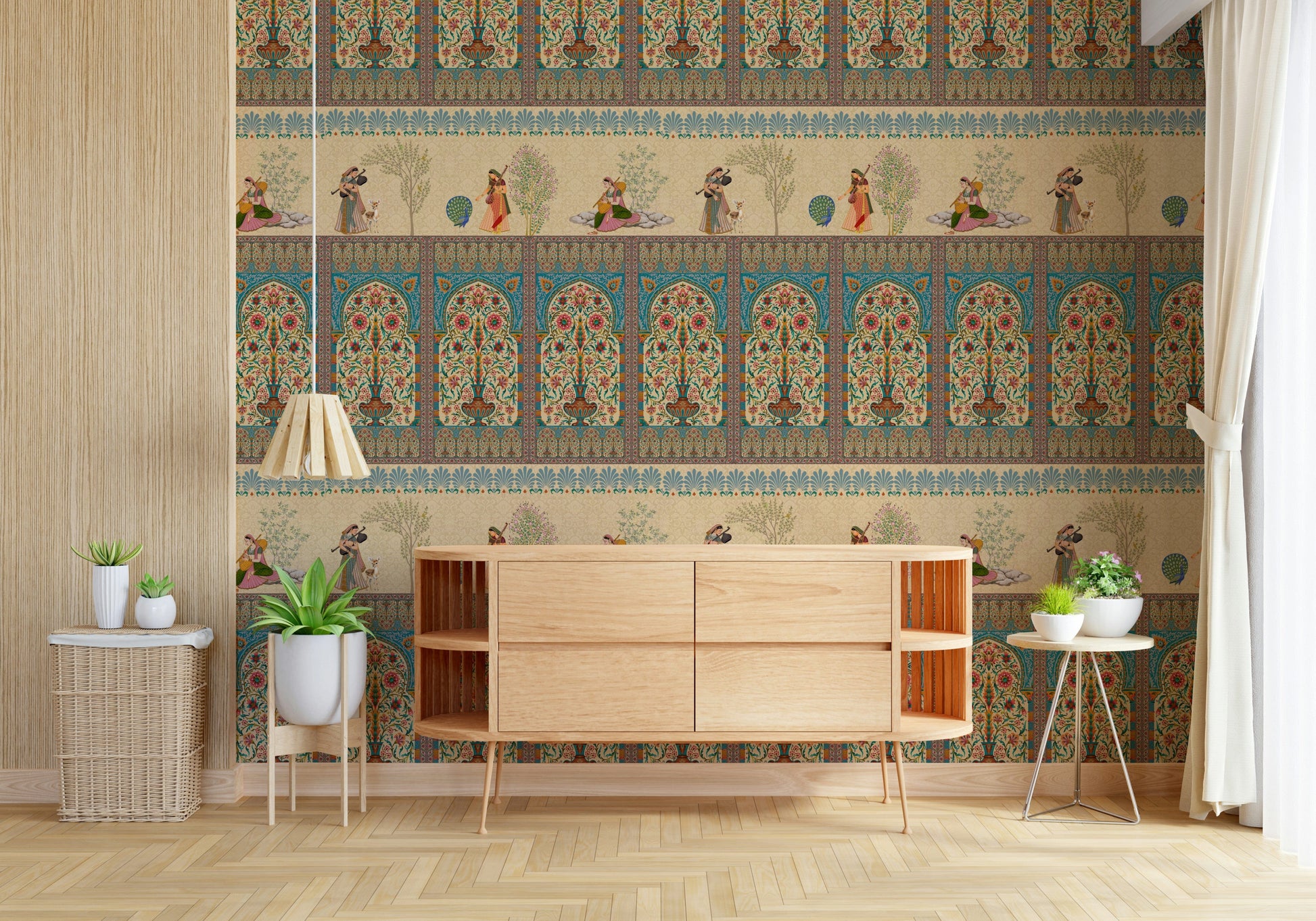 Traditional Indian art-style mural in home office, muted blue and gold, statement wall decor