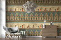 Mughal Melodies Wall Mural behind sofa, warm gold and teal, modern apartment lounge backdrop